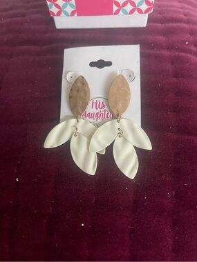White Leaf Drop Earrings with Gold Accents